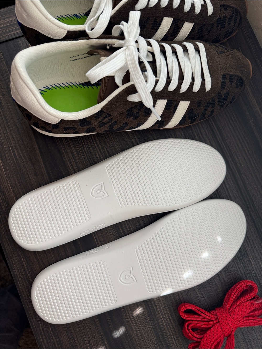 Rothy's Ivy Sneakers Brown Leopard Print with White Stripes and Two Laces - Picture 4 of 6